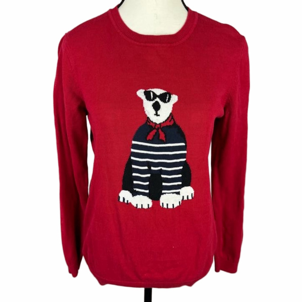 Tommy Hilfiger Women’s Medium Red Polar Bear Sweater Sunglasses Striped Knit - Picture 2 of 11